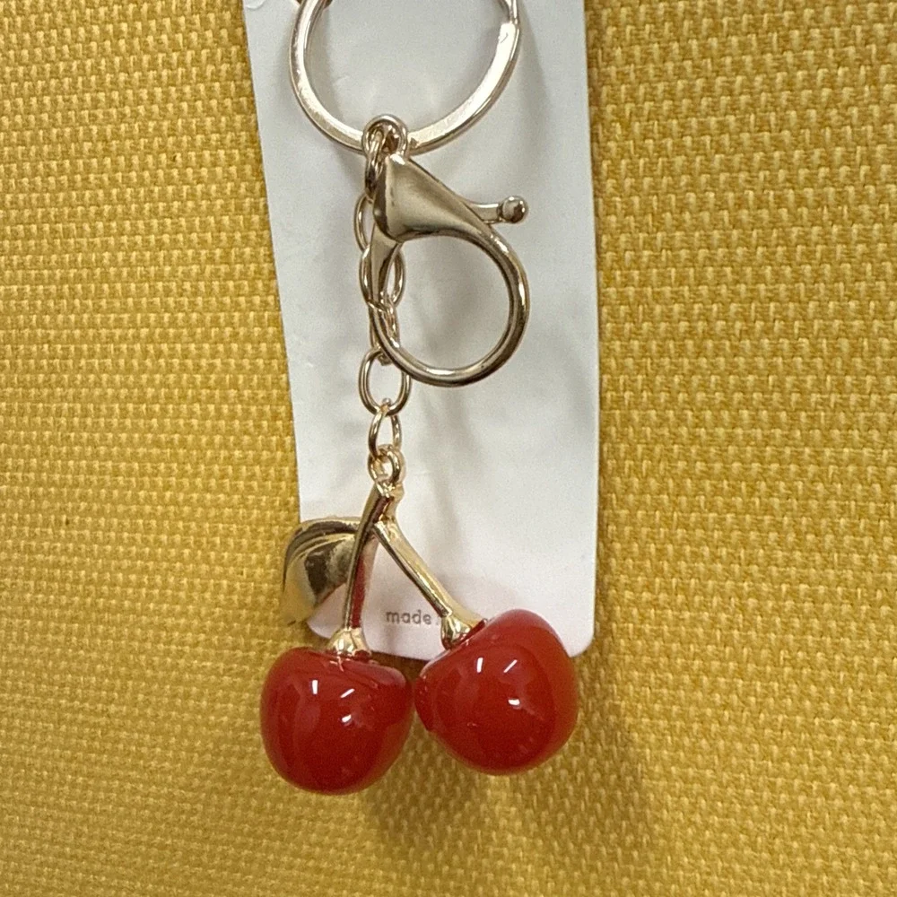 Mint-Cherry Keychain Charm Red Gold Tone w/ Gold Tone Leaf NWT Purse Bag Charm